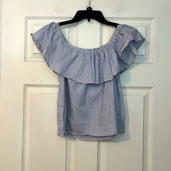 JUNIORS OVER THE SHOULDER STRIPED BLOUSE : SIZE MEDIUM - Picture 2 of 2